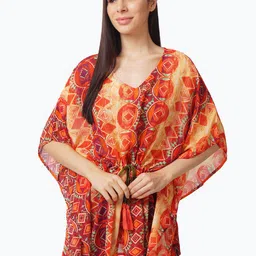 IX IMPRESSION Women Orange & Yellow Geometric Printed Georgette Kaftan Top-34