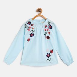 Cherry Crumble Girls Blue & Pink Floral Embroidered Pure Cotton Top-image-91