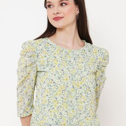 MISH Green & Yellow Puff Sleeves Pleated Floral Printed Top-image-51