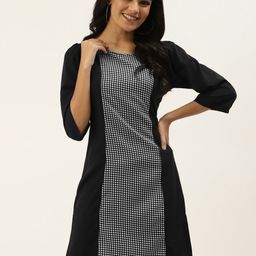 Belle Fille Women Black & White Monochrome Chequered Shift Dress-image-35