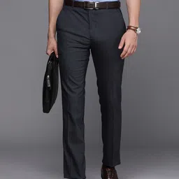 Raymond Men Navy Blue Textured Mid-Rise Slim Fit Trousers-image-58