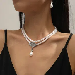 Shining Diva Fashion Silver-Plated Stone-Studded Pearl-Beaded Jewellery Set-35