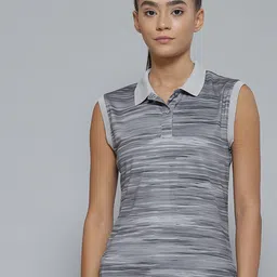 Alcis Women Grey Striped Polo Collar Slim Fit T-shirt-image-60