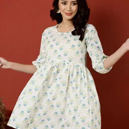 antaran Ethnic Motifs Printed Puff Sleeves Gathered Detailed Cotton Fit & Flare Dress-image-18