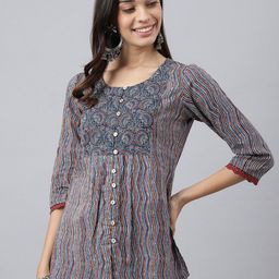 MEESAN Blue & Maroon Printed Cotton Tunic-10