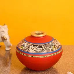 AAKRITI ART CREATIONS Red & Blue Madhubani Handcrafted Earthen Vase-image-75