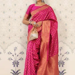 Ode by House of Pataudi Pink & Gold-Toned Ethnic Motifs Woven Design Zari Banarasi Saree-picture-47