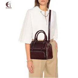 HiLEDER Women Brown Leather Textured Pattern Satchel Bag with Detachable Strap (M)-picture-22