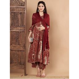 Secret Wish Maroon Paisley Cotton Maternity Kurta Pant and Dupatta (Set of 3)-picture-27