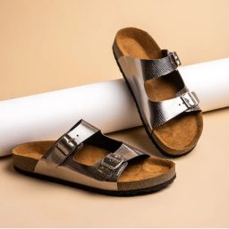 MOZAFIA Silver Lizard Grain Cork Sandals for Women-picture-46