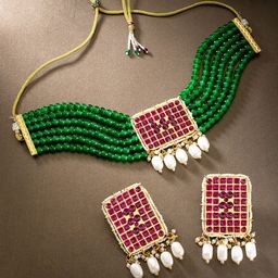 Peora Green & Red Kundan Stone Studded Gold-Plated Traditional Jewellery Set-image-20