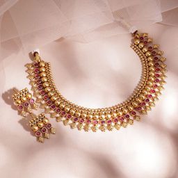 Rubans 22K Gold-Plated Ruby Studded Golden Beaded Traditional Necklace Set-12