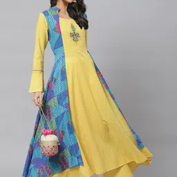 YASH GALLERY Women Yellow  Blue Striped Layered High-Low Anarkali Kurta-image-83