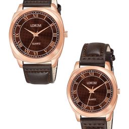 LOREM Unisex Set Of 2 Brass Dial & Leather Textured Straps Analogue Watch LR89-LR336-14