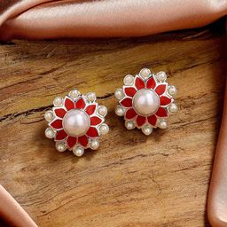 Estele Rhodium-Plated Floral Studs Earrings-33