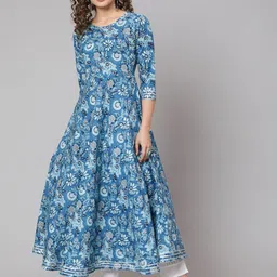 GLAM ROOTS Ethnic Motifs Printed Round Neck Cotton Anarkali Kurta-image-96