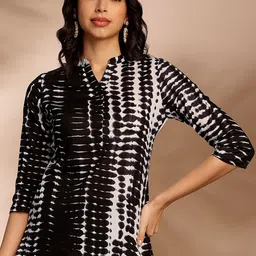 Anouk Black & White Tie & Dye Printed Band Collar Pure Cotton Straight Kurti-picture-40