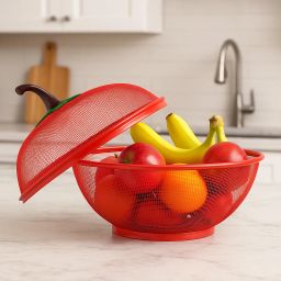 Apple Shaped Fruit Basket with Net Cover fbv-01 Red Kitchen Storage Basket Stainless Steel Fruit & Vegetable Basket-image-24