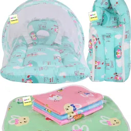 New Born Baby Mosquito Net Bed with Cushioned Pillow and Sleeping bag and Bed Protector-2