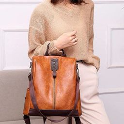 Brown Leather Backpack Cute Style Female Student Waterproof Anti Thief (Brown) Waterproof Backpack-image-26
