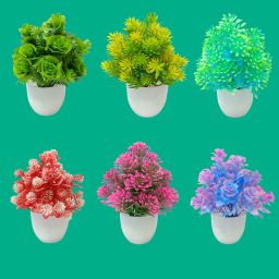Exotica Creations Small Green Rose Multi Colour Flower With Small Round Pot Multicolor, Pink, Purple, Orange, Green Eucalyptus, Wild Flower Artificial Flower with Pot-image-71