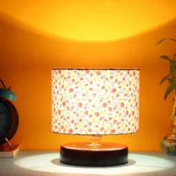 Devansh Multicoloured Small Flower Printed Table Lamp With Wood Base-44