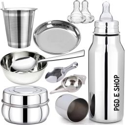 Baby Feeding Bottle, Feeder, Bowls, Spoons, Straw Glass, Glass Plate, 2 Nipple - Stainless Steel-image-54