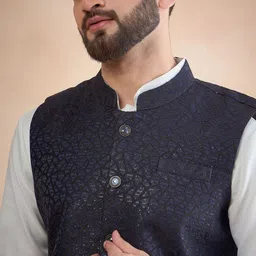 House of Pataudi Jacquard Woven Design Nehru Jacket with Sequinned Work-19
