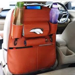 PU Leather Car Back seat Organizer with Foldable Dining Table Car Multi Pocket-image-1