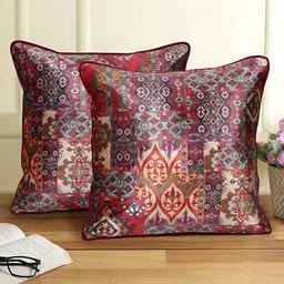 eyda Red & Green 2 Pieces Ethnic Motifs Printed Velvet Square Cushion Covers-56