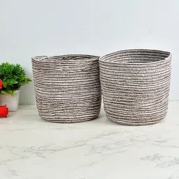 Homefab India Brown & White 2 Pieces Braided Woven Cotton Planter Baskets-image-42