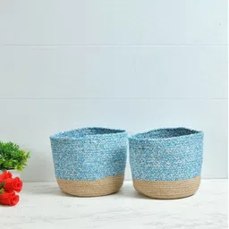 Homefab India Turquoise Blue & Beige 2 Pieces Braided Woven Cotton Planter Baskets-image-67