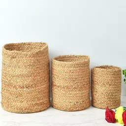 Homefab India Set Of 3 Brown Braided Jute Planter Baskets-48