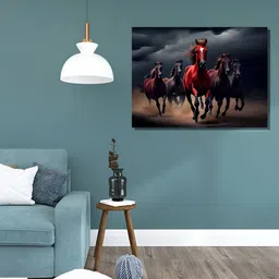 RANGOLI Red & Black Seven Running Horses Canvas Painting Wall Art-19