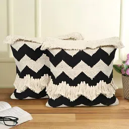 eyda Black & Beige 2 Pieces Embroidered Square Cotton Cushion Covers-image-12