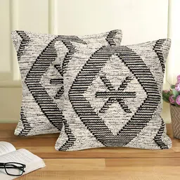 eyda Black & White 2 Pieces Embroidered Square Cotton Cushion Covers-image-11