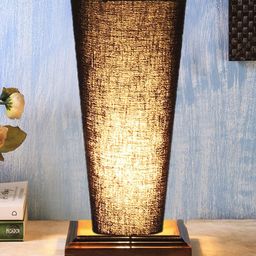 Devansh Black Cotton Cylinder Table Lamps With Brown Square Wood Base-21