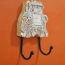 CraftVatika Beige & White Block Printed Wooden 2 Hook Key Holders-picture-36