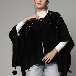 Mafadeny Round Neck Embellished Poncho Sweater-image-63