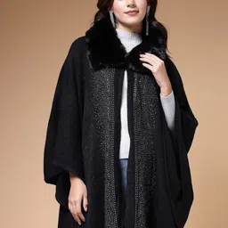 Mafadeny Shirt Collar Embellished Longline Poncho-image-18