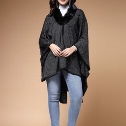 Mafadeny Longline Poncho With Faux Fur Detail-image-79