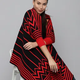 SHOWOFF Women Red & Black Striped Striped Longline Poncho-25