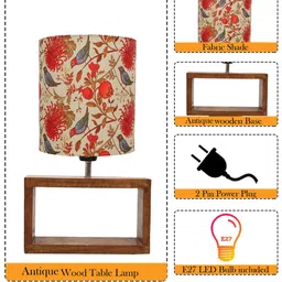 Homesake Walnut Beige & Red Rectangle Wooden Table Lamp With Shade & LED Bulb image 4