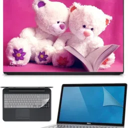 FineArts 3in1 Combo of Premium Quality, HD, UV Printed, Laminated, Protected, Bubble Free, Scratchproof, Washable, Easy to Install Laptop Skin/Sticker/Vinyl/Cover for 15.6 inches on 3M Vinyl with Screen Guard and Key Protector (Teddy Pink 3in1) Combo Set-17