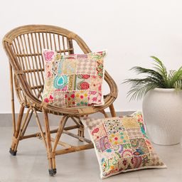 HANDICRAFT PALACE White & Red Set of 2 Embroidered Cotton Square Cushion Covers-6