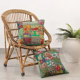 HANDICRAFT PALACE Green & Red Set of 2 Embroidered Cotton Square Cushion Covers-32