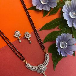 Digital Dress Room Gold-Plated 2 Line Black Beads Mangalsutra With Earrings-15