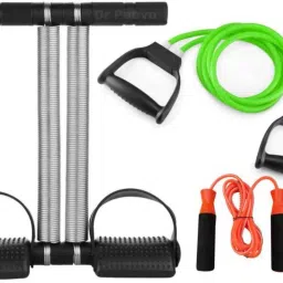 Pack Of 3 Fitness COMBO, Athletes CHOICE, 1+ Skipping Jumping Rope and 1+ Double Chrome Steel Band Tummy Trimmer, 1+ Double Resistance Band Toning Tube, Workout at Home, TRUSTED by DR, Gym Fitness and Body Fat loose and cutter Fitness Accessory Kit Kit-22