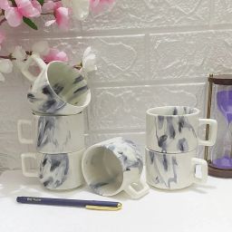 Pack of 6 Ceramic GREY LINE WHITE HOTEL CERAMIC TEA CUP SET-image-37
