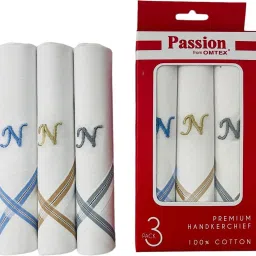 PASSION FROM OMTEX Men's Initial N Alphabet Monogram ["White With Embroidary & Colored Border"] Handkerchief image 3